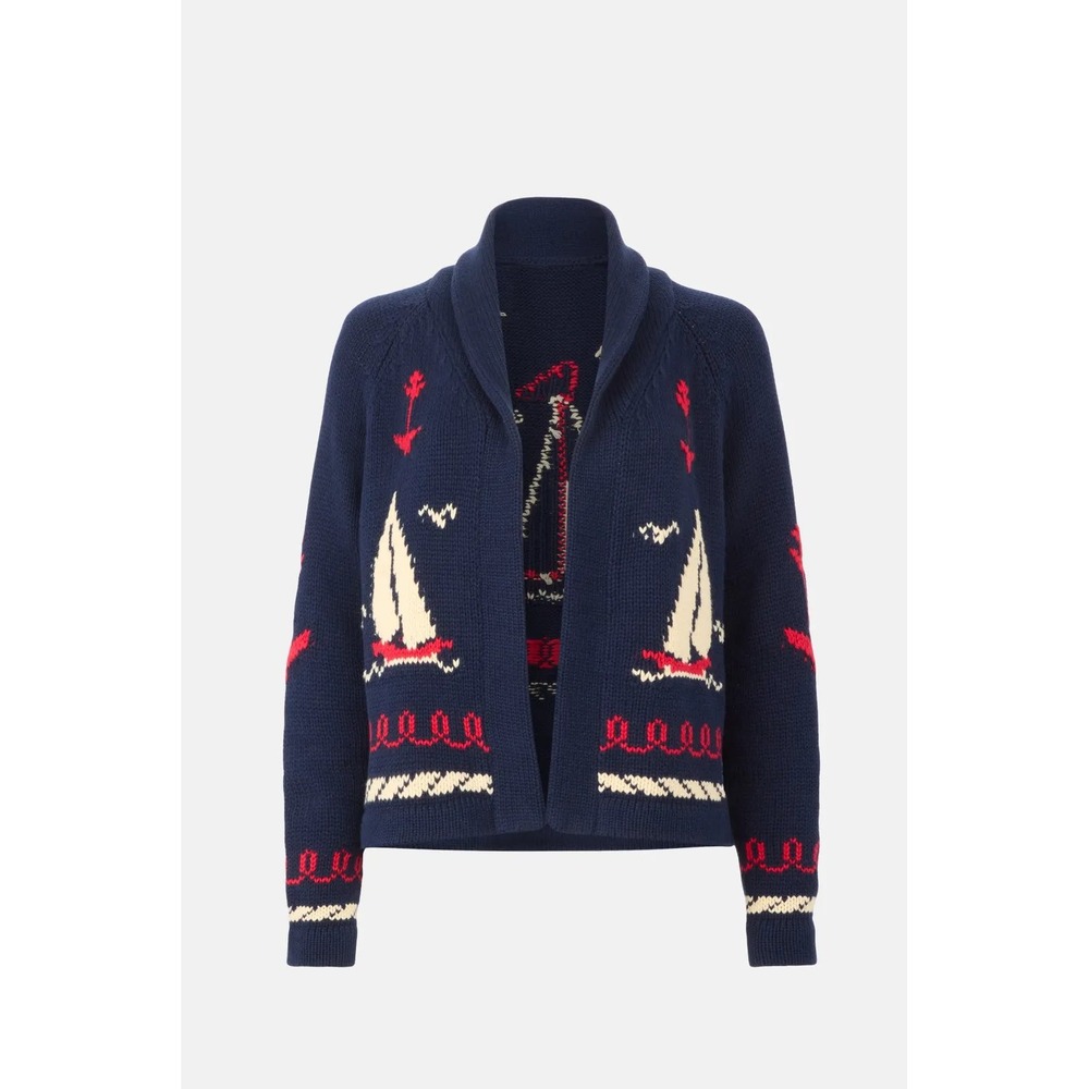 Marled Womens Nautical Sailboat Anchor Shawl Collar Cardigan Sweater Navy Blue M